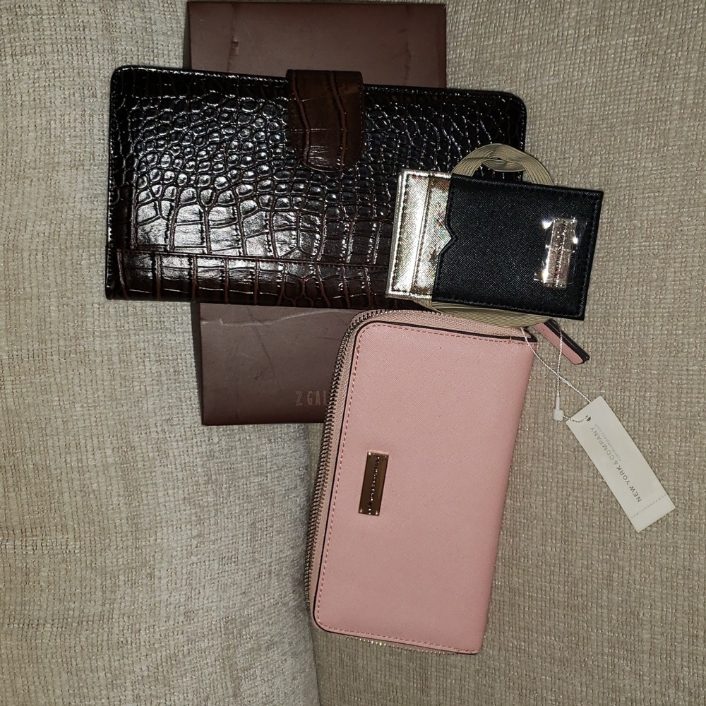 3 pc Bundle Pink Wallet, Brown Travel Wallet & Black/Gold credit holder